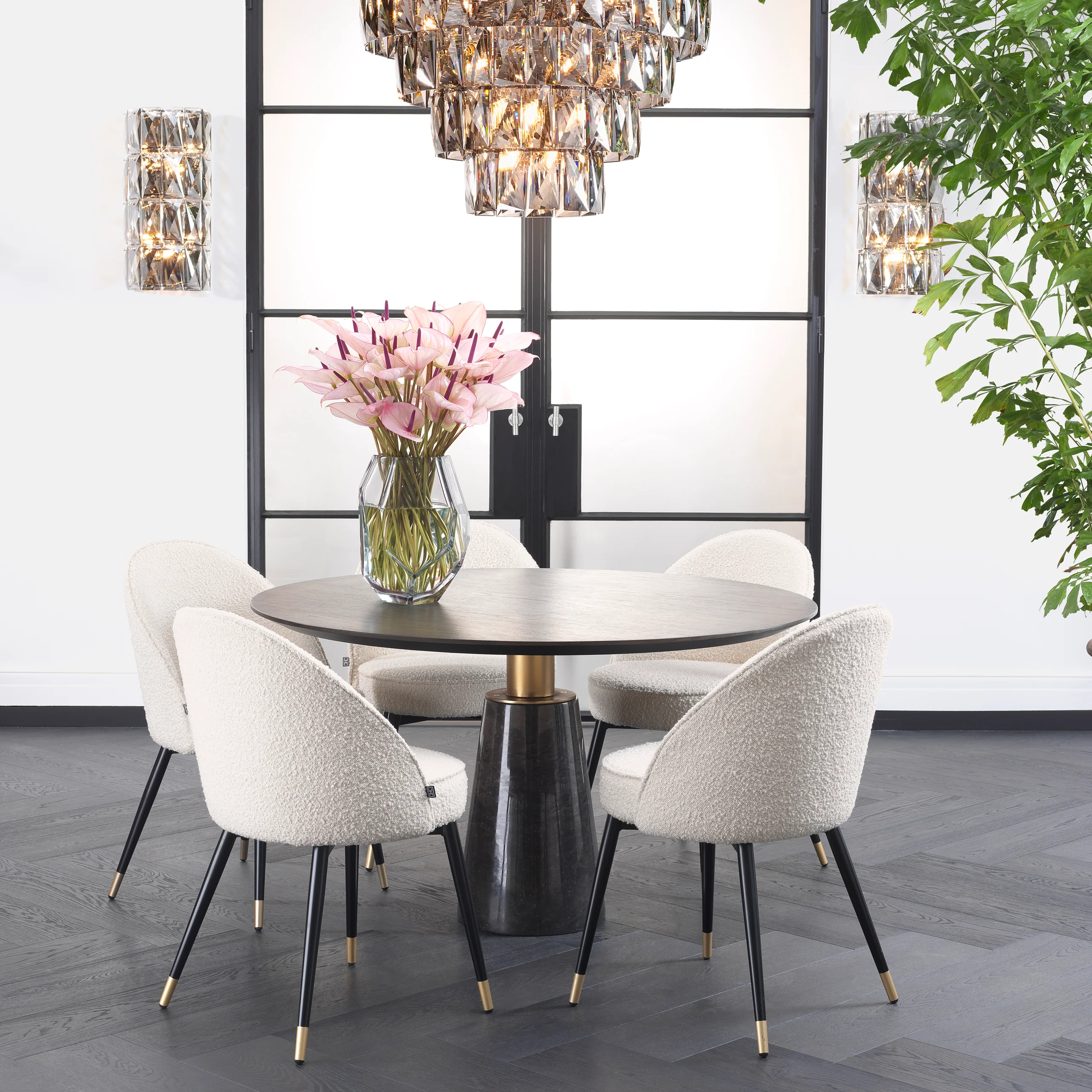 Eichholtz Genova Round Dining Table Grey Marble  Mocha Straight Oak Veneer  Brushed Brass Finish - Round Dining Table Grey Marble  Mocha Straight Oak Veneer  Brushed Brass Finish - Image 2