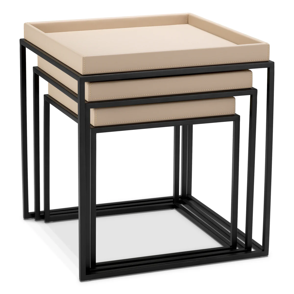 Eichholtz Leonard Set Of 3 Side Tables Matte Black Finish  Light Brown Faux Leather  - Side Tables Set of 3 Matte Black Finish  Light Brown Faux Leather - Image 4
